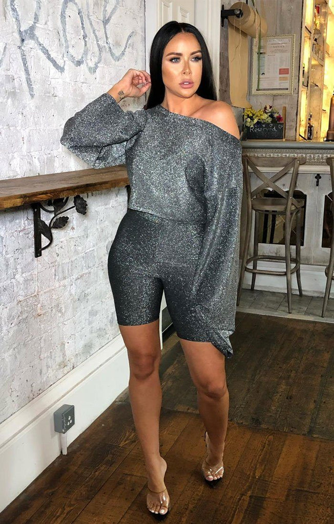 Grey Sparkly Cycling Shorts Co-ord | Co-ords | Femme Luxe UK