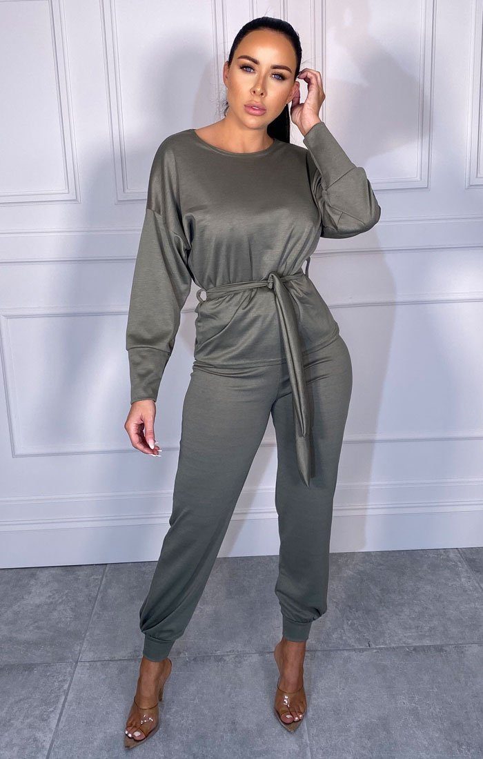 Khaki Boxy Long Sleeved Tie Loungewear Set | Two Piece | Femme Luxe