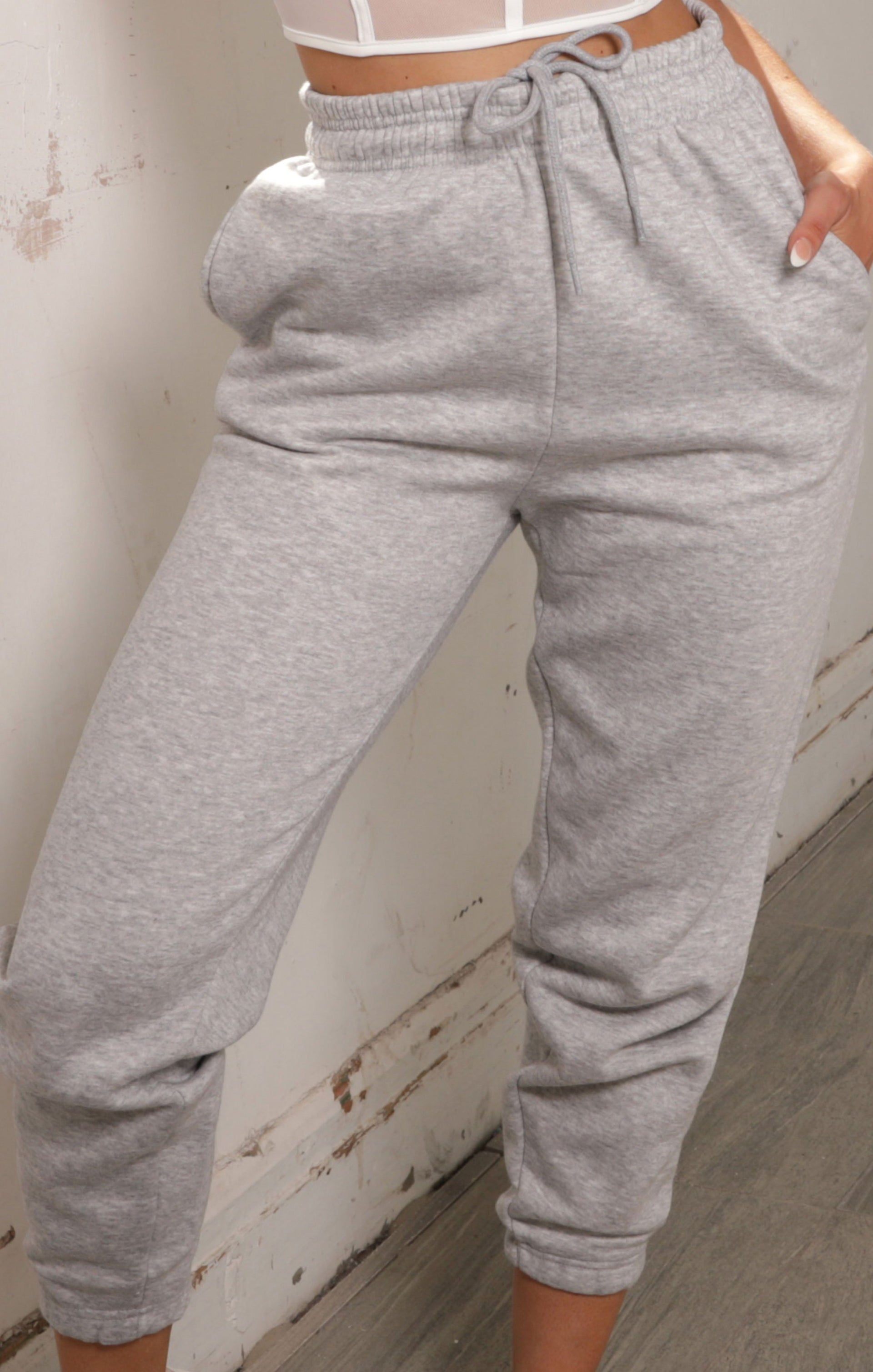 high waisted light grey joggers