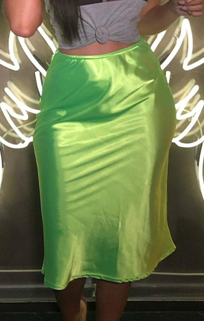 Neon Green Satin Midi Skirt Skirts Femme Luxe 6360