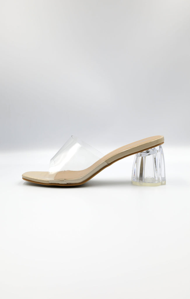 Nude Perspex Low Block Heel Mules | Shoes | Femme Luxe UK