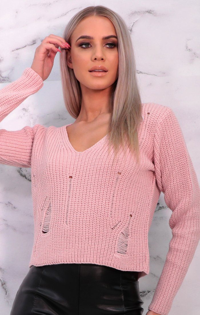 Pink Distressed Long Sleeve Knitted Cropped Jumper | Jumpers | Femme ...