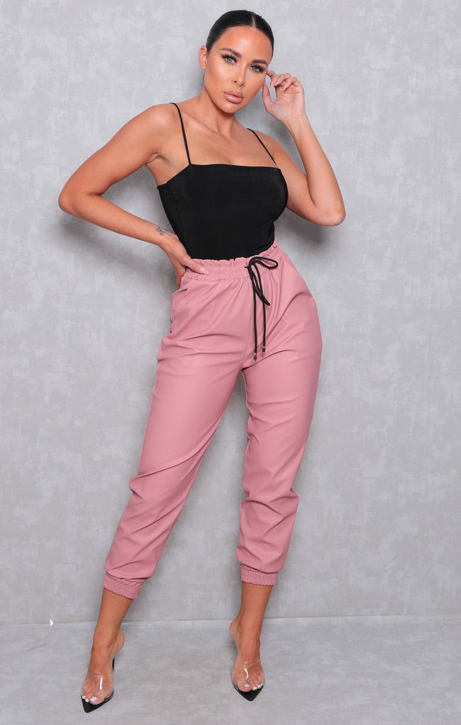 Pink PU Cuffed Joggers | Joggers | Femme Luxe UK