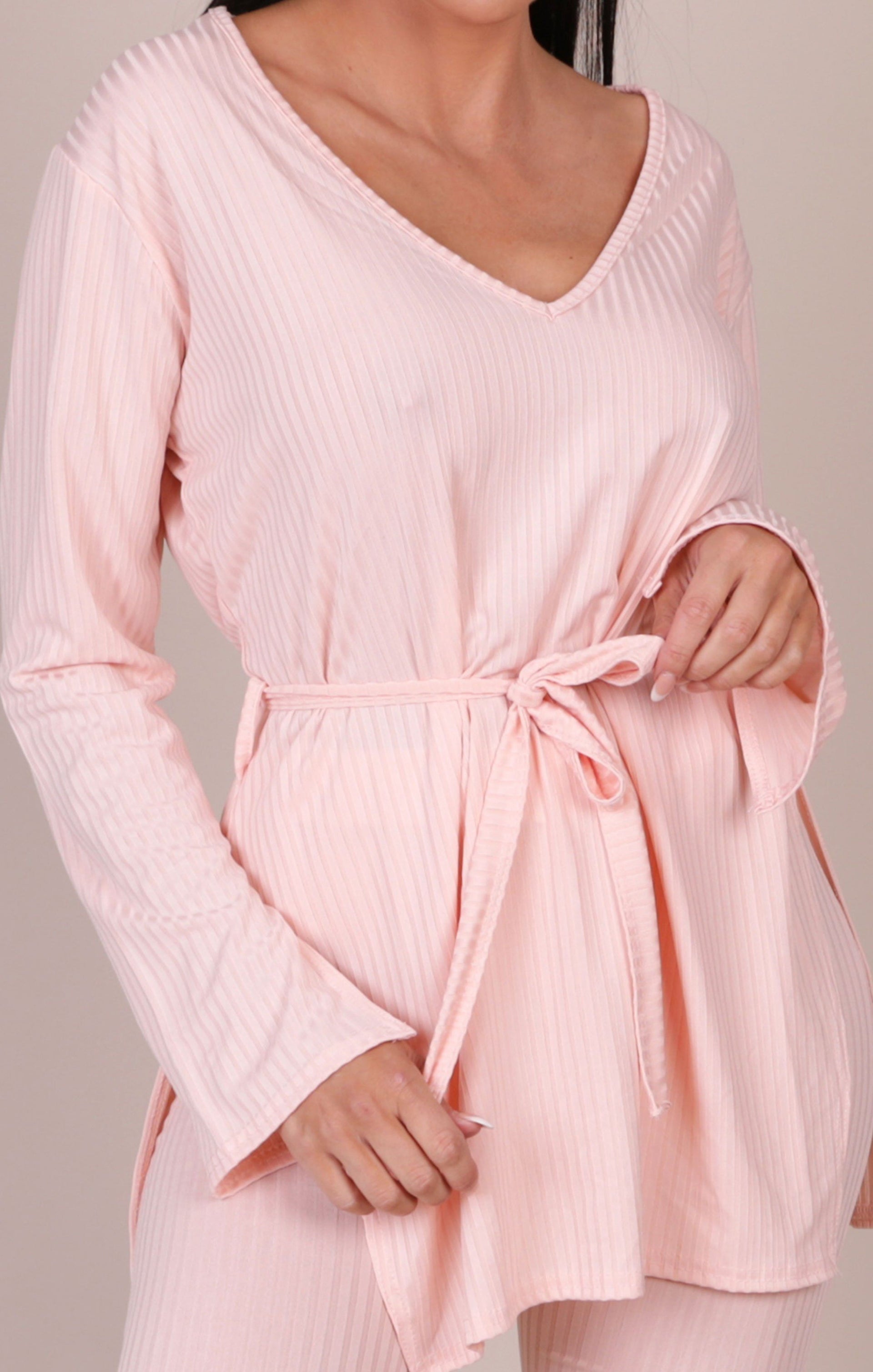 Pink Ribbed Belted Loungewear Set | Loungewear | Femme Luxe UK