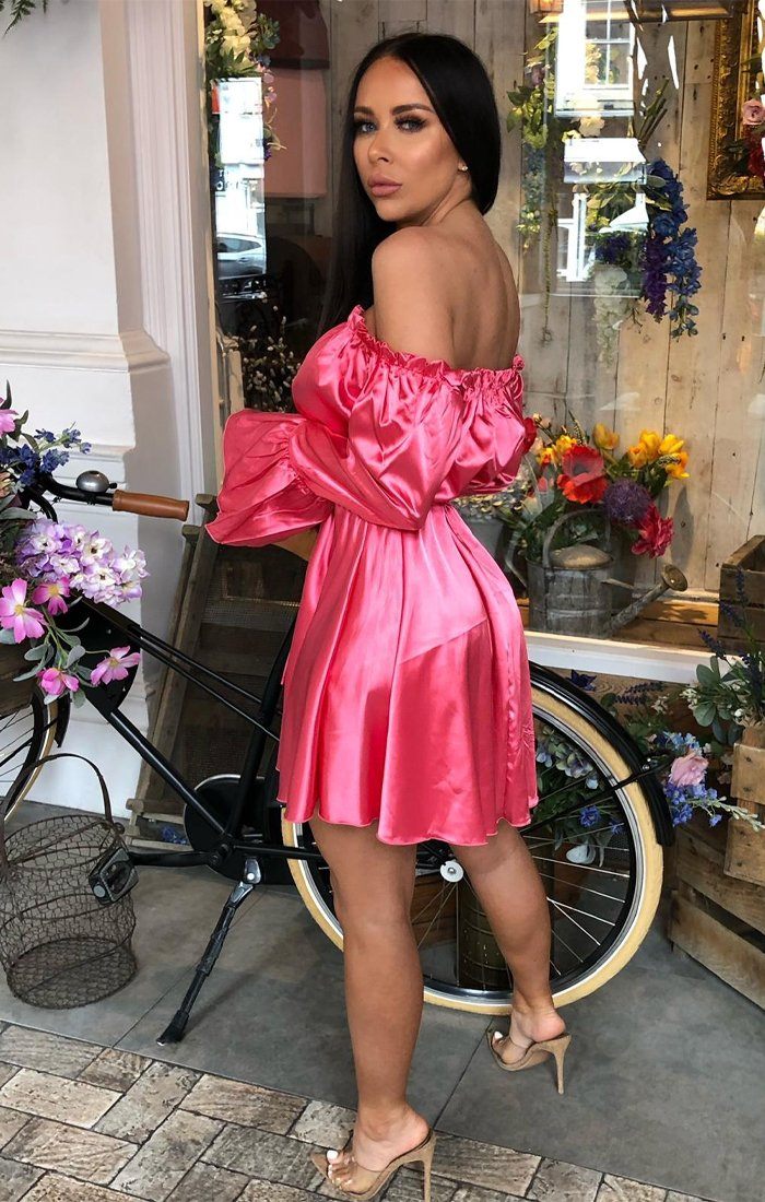Pink Satin Bardot Flare Sleeve Milkmaid Dress | Dresses | Femme Luxe UK