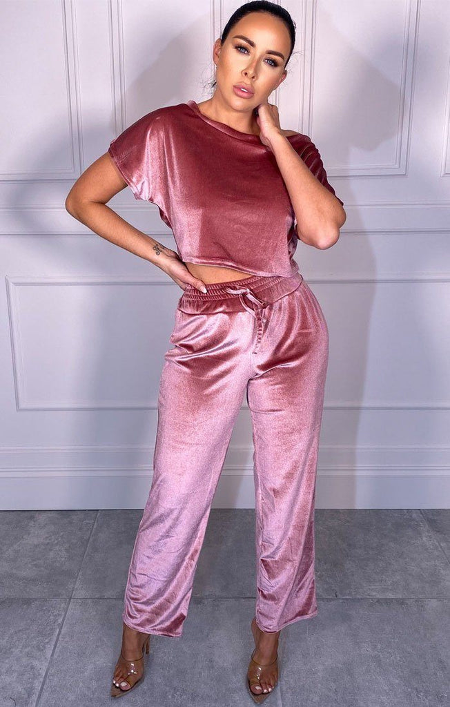 Pink Velvet Wide Leg Loungewear Set | Loungewear | Femme Luxe UK