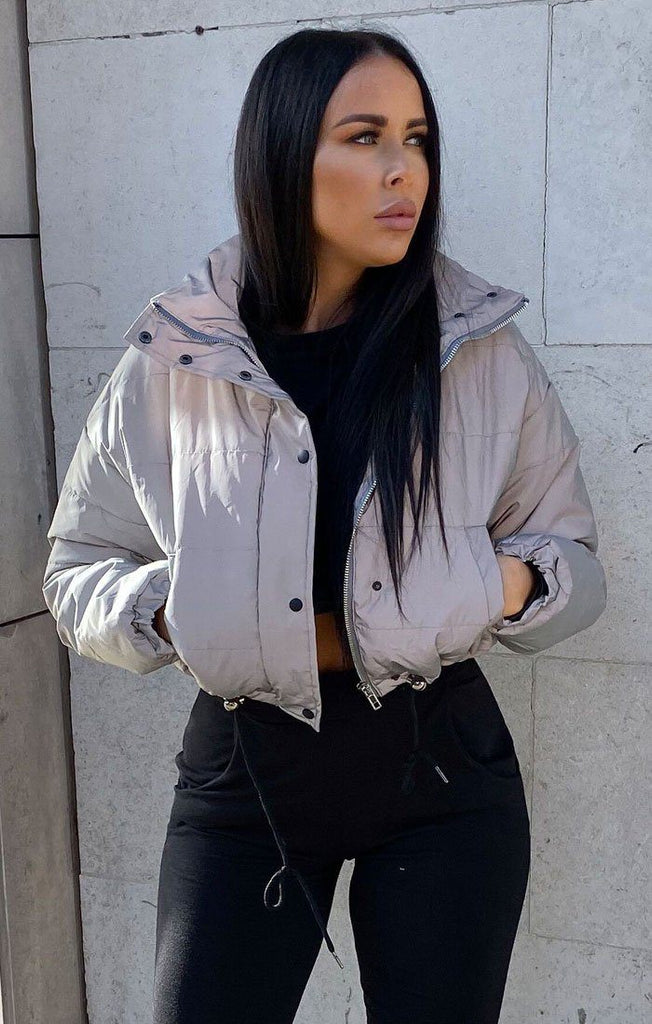 Silver Reflective Cropped Puffer Jacket | Jackets | Femme Luxe UK