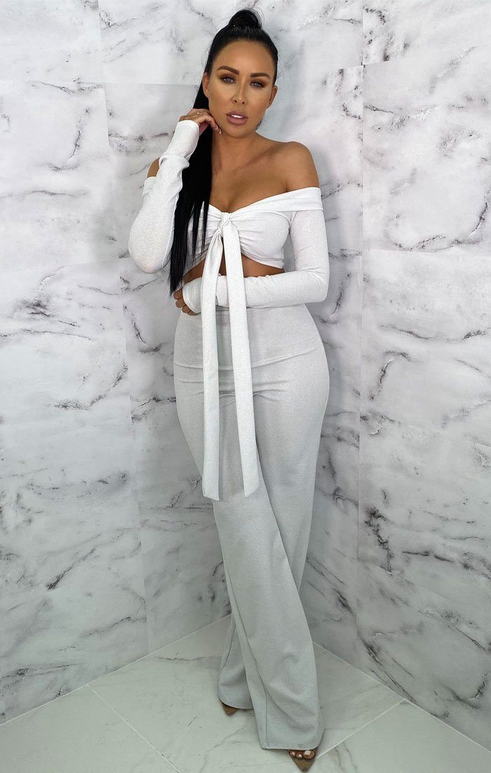 Silver Sparkly Tie Front Crop Top Co-ord | Co-ords | Femme Luxe UK