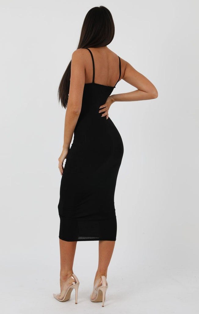 Black Square Neck Strappy Midi Dress | Dresses | Femme Luxe