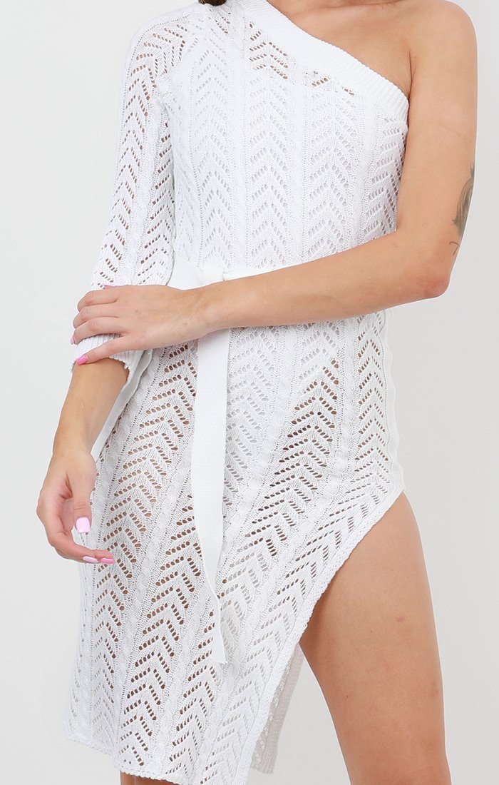 White Crochet One Shoulder Long Sleeve Dress | Dresses ...