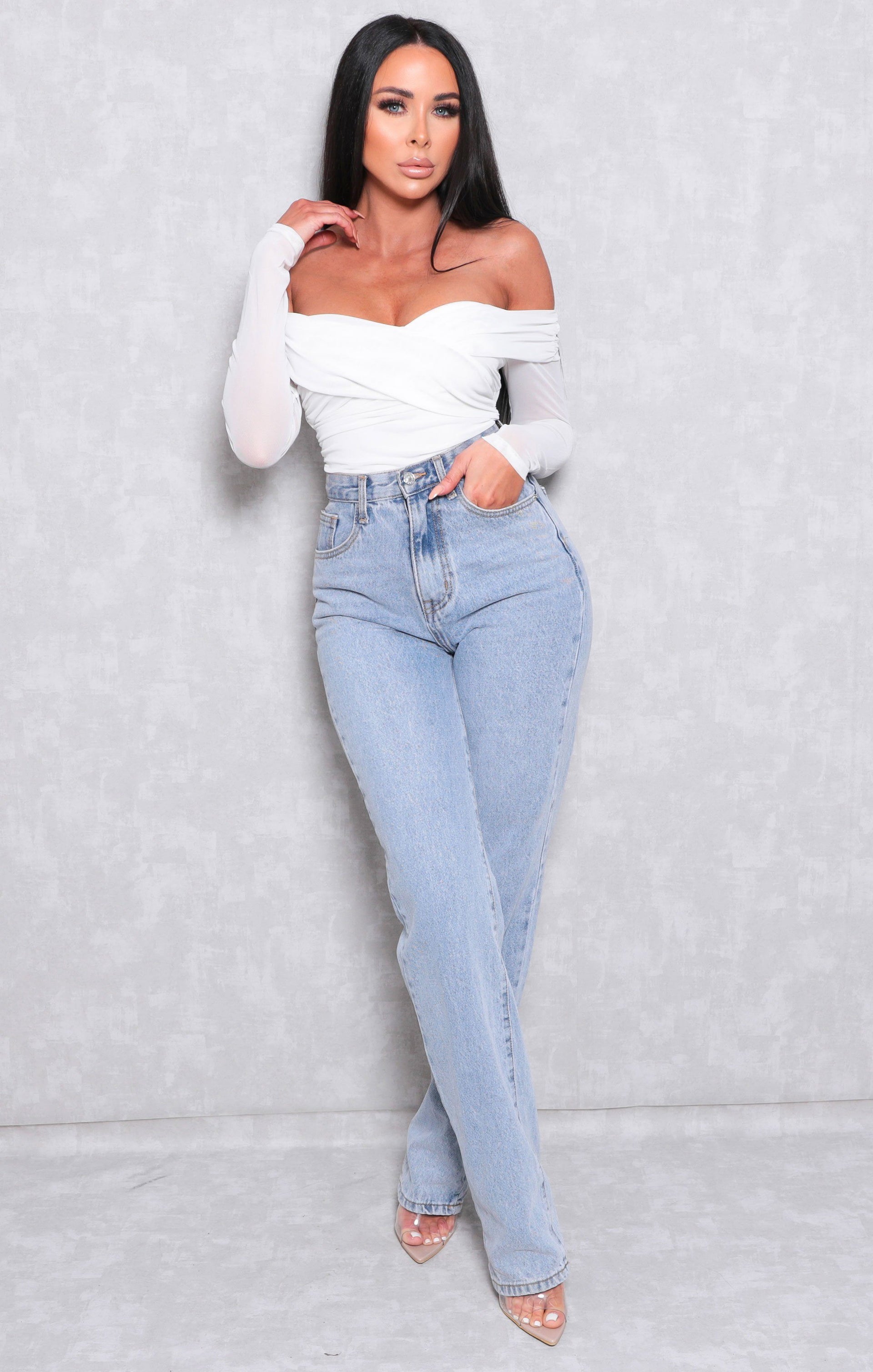 White Mesh Overlay Bardot Bodysuit | Bodysuits | Femme Luxe UK