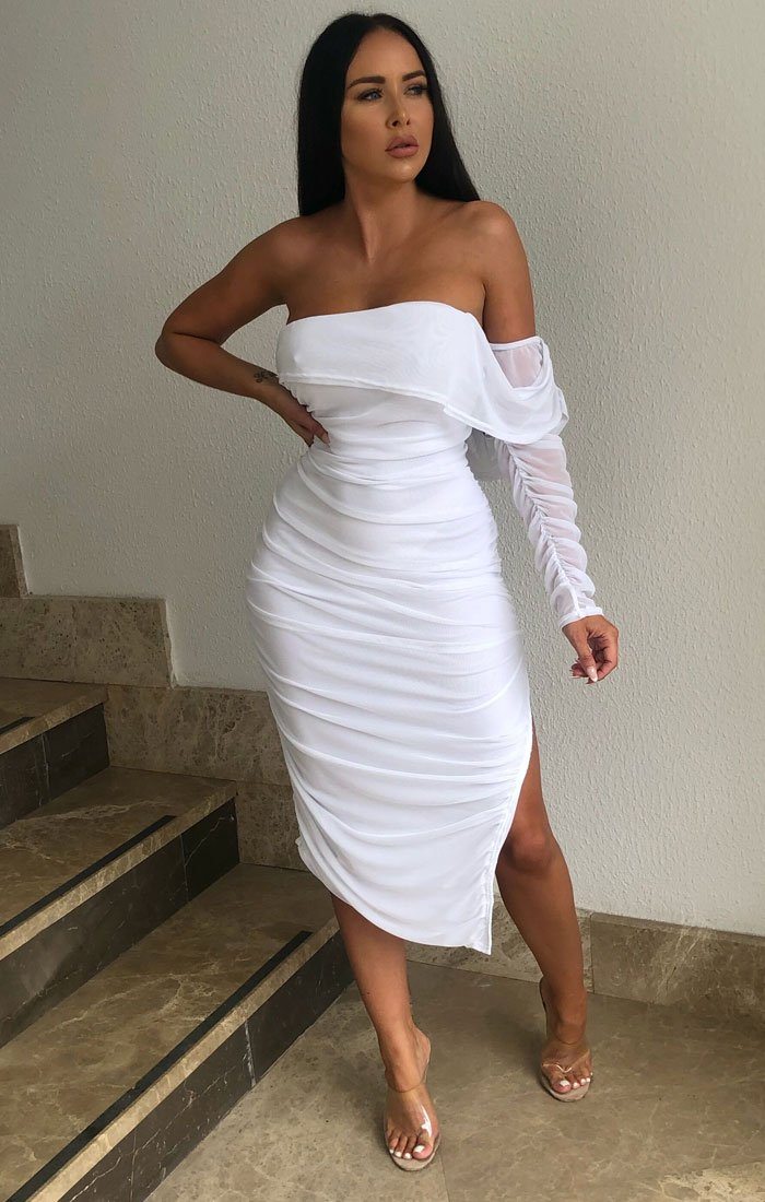 White One Sleeve Split Side Bodycon Midi Dress | Dresses | Femme Luxe UK