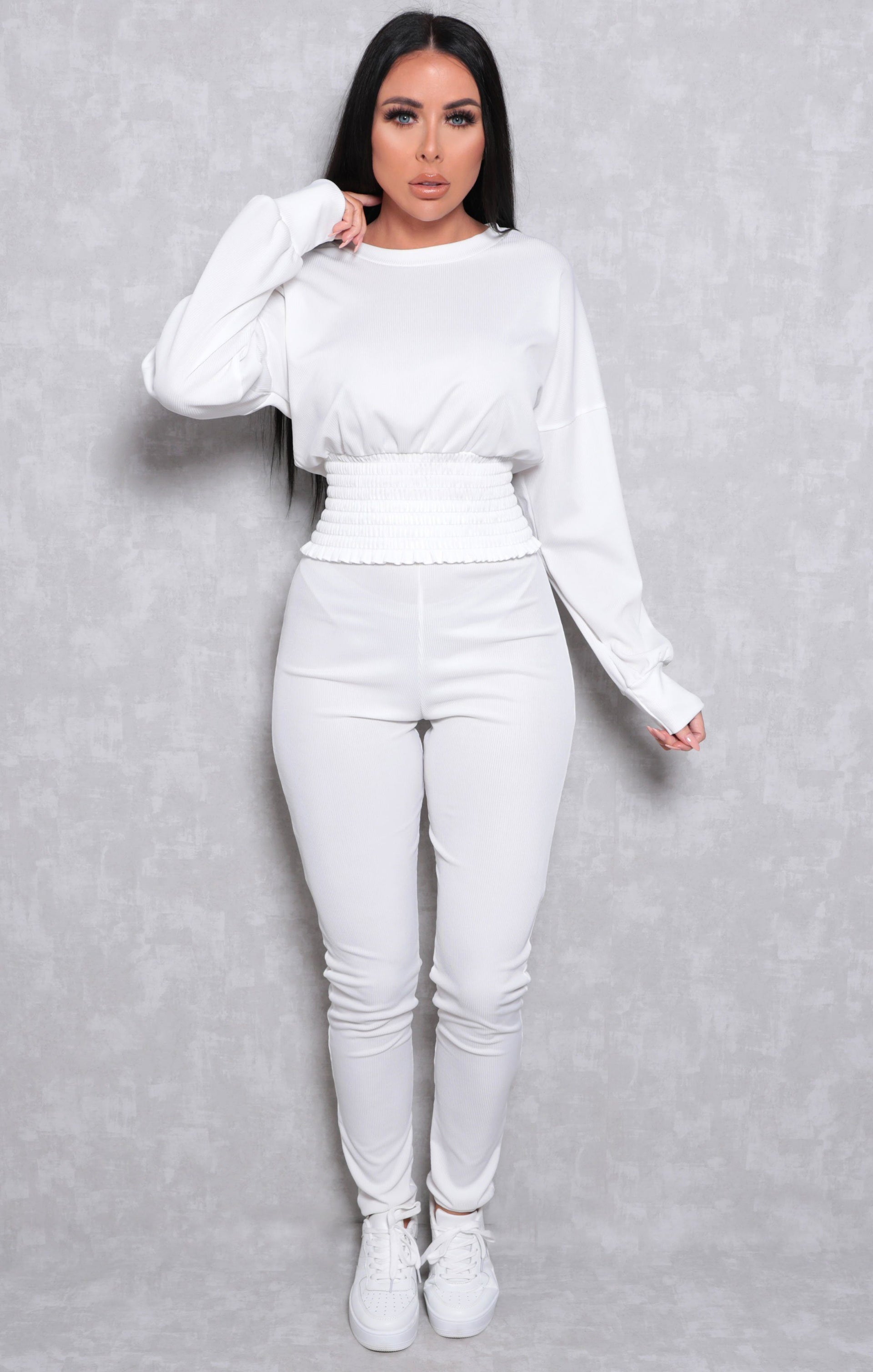 White Ribbed Shrilled Waist Loungewear Set | Loungewear | Femme Luxe UK