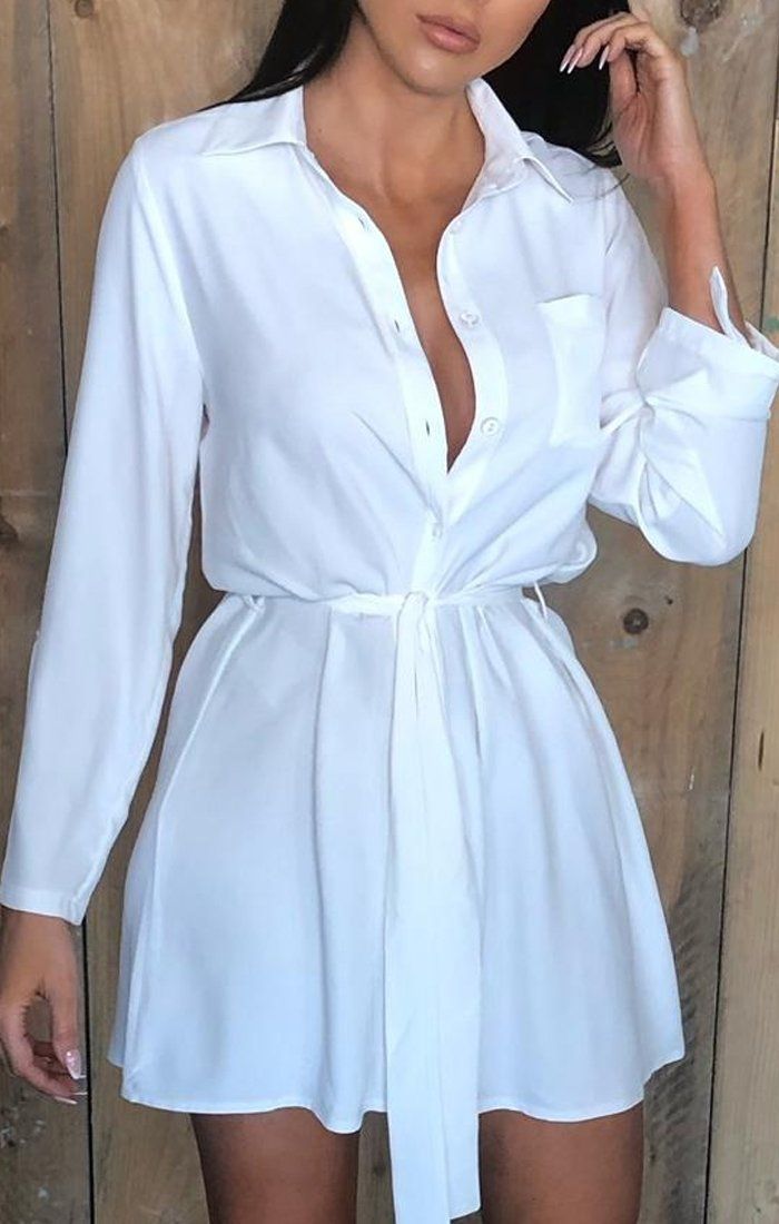 White Rolled Sleeves Shirt Dress | Dresses | Femme Luxe