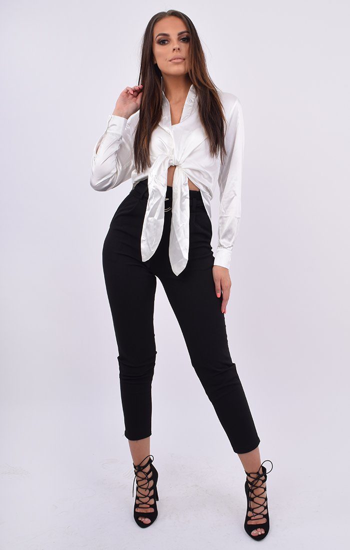 White Satin Button Up Tie Front Shirt | Tops | Femme Luxe UK