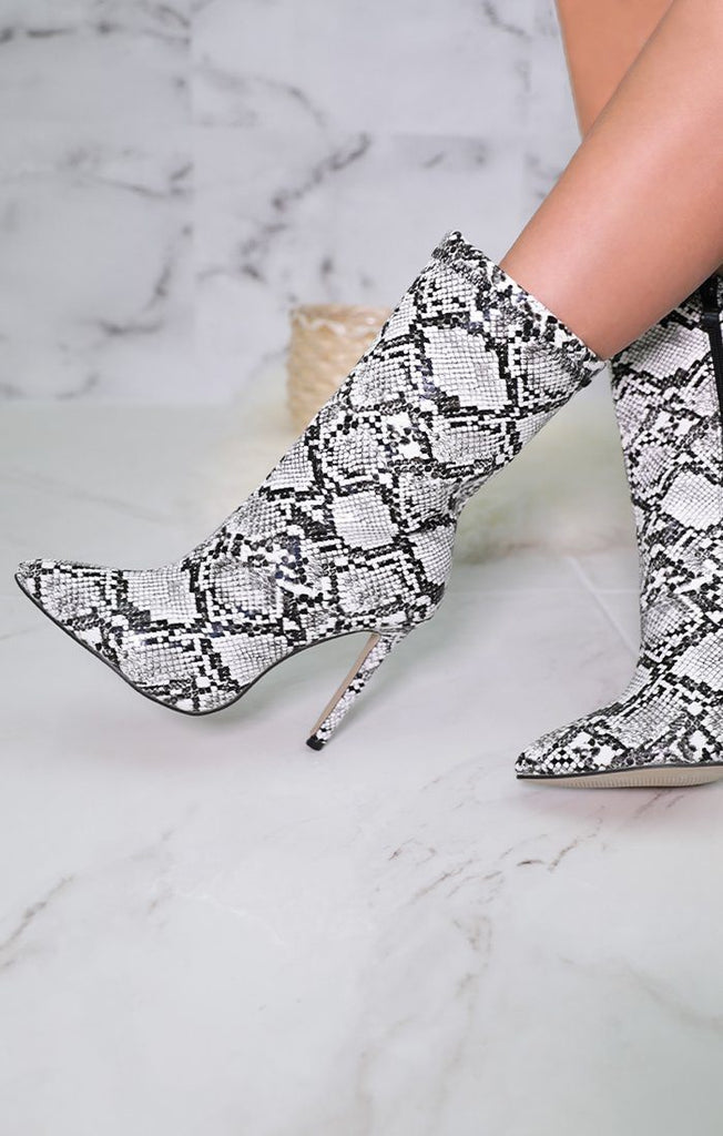 White Snake Print Pointed Heel Boots | Shoes | Femme Luxe