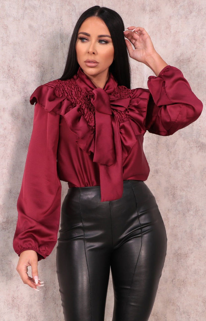 Wine Satin Shrilled Frill Long Sleeve Top | Tops | Femme Luxe UK