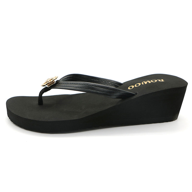 womens wedge flip flops black