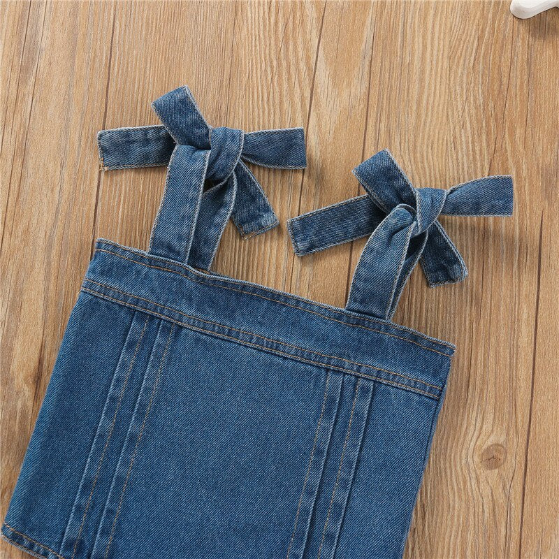 Trendy Tie Strap Crop Top + Ripped Denim Pants - Size Range: 9 Months to 4 Years