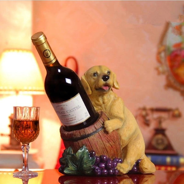 Image of a Labrador / Golden Retriever Statue on the table holding wine bottle, made of resin and silicone