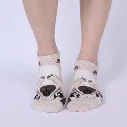 Image of a lady wearing Pug gift socks