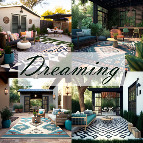 4 different outdoor spaces with rugs