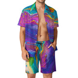 men's two piece boards shorts outfit for raves and festivals, button up shirt short sleeves, marbled pattern in purple blue yellow and pink, loose fit, sizes small to 5XL - cosplay moon