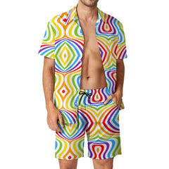 mens abstract pride festival rave outfit, board shorts with button up shirt, short sleeve - cosplay moon