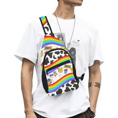 Trippy Rave Chest Bag - rainbow pattern with cow print, multiple pockets and padded shoulder strap