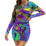 Motion Long Sleeve Bodycon Rave Dress - 3/4 zip up long sleeve slim fit dress with motion colorful pattern