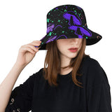 Mushroom Cult Rave Bucket Hat - black background with purple and blue mushroom pattern