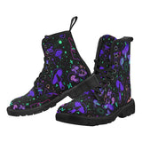 Mushroom Cult Women's Lace-up Rave Boots - black with a colorful mushroom pattern, pull strap on back, black soles, doc marten style boots