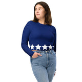 women's long sleeve athletic crop top, blue with white stars - cosplay moon