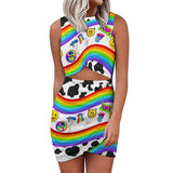 rave dress, trippy - cosplay moon, sleeveless, crew neck, white, rainbow, cow print sizes xs to 5XL