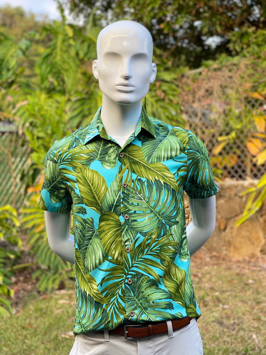 Cora Spearman Hawaii MENS Monstera 21 Turquoise S/S 