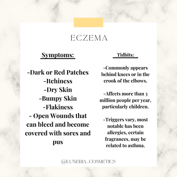 Blurb about eczema and the symptoms on a marble background