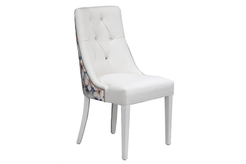 Premium Dining Chairs White Leather & Floral Velvet Backing