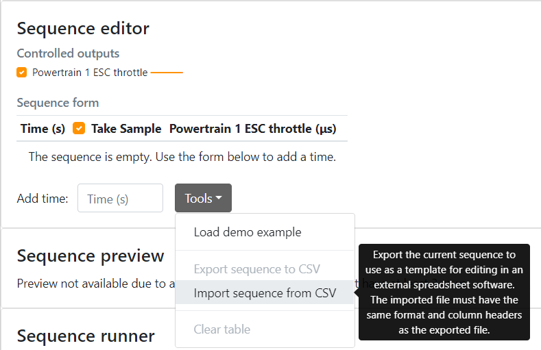 upload sequence from CSV flight stand software