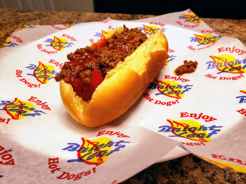 Bright Leaf Hot Dog with chili and Texas Pete