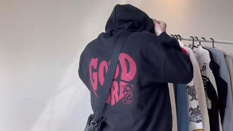 Derven styling our Good Lord hoodie from the back