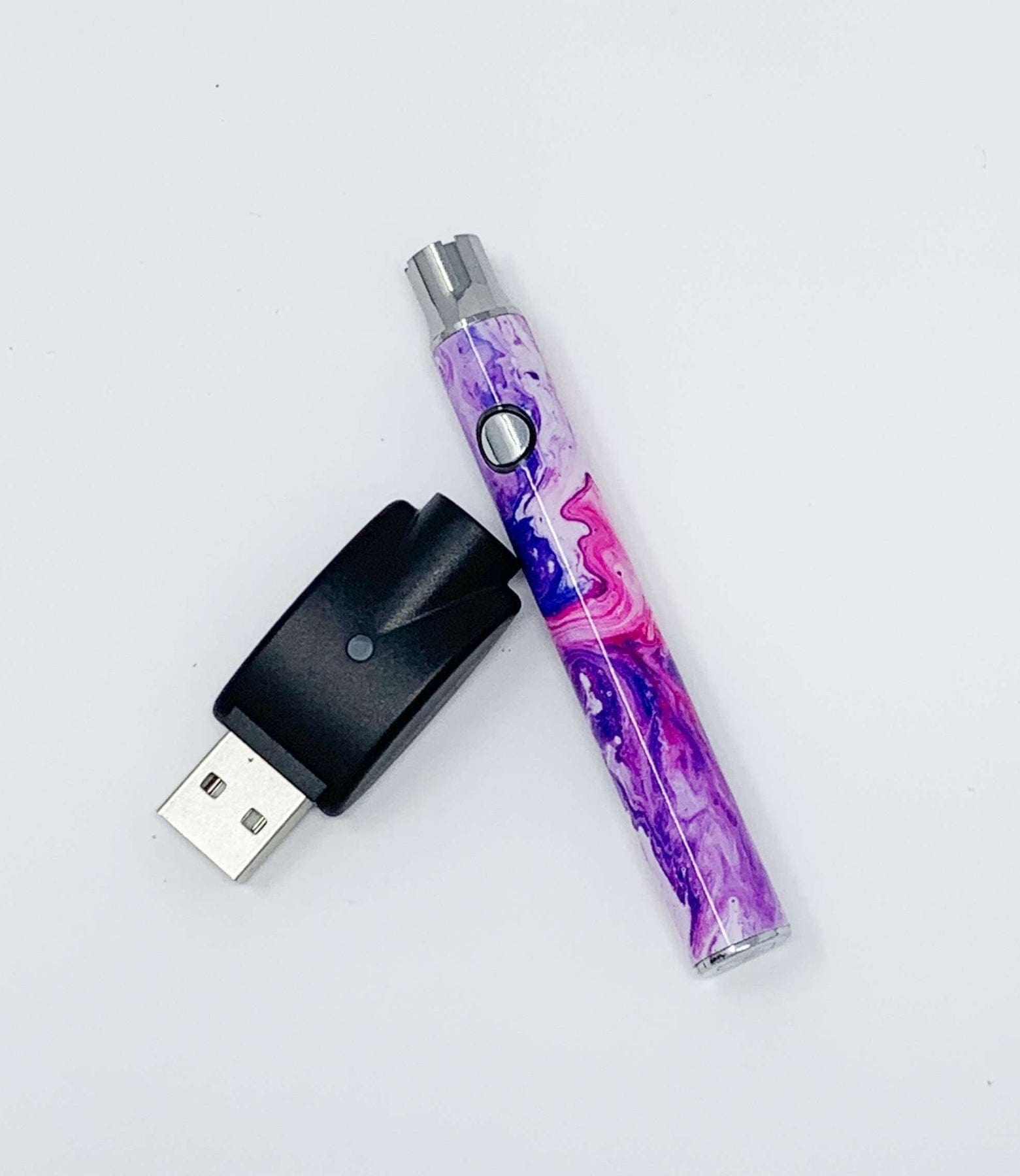 510 threaded battery pen- sized vape pen with a purple and pink marbleized vinyl decal