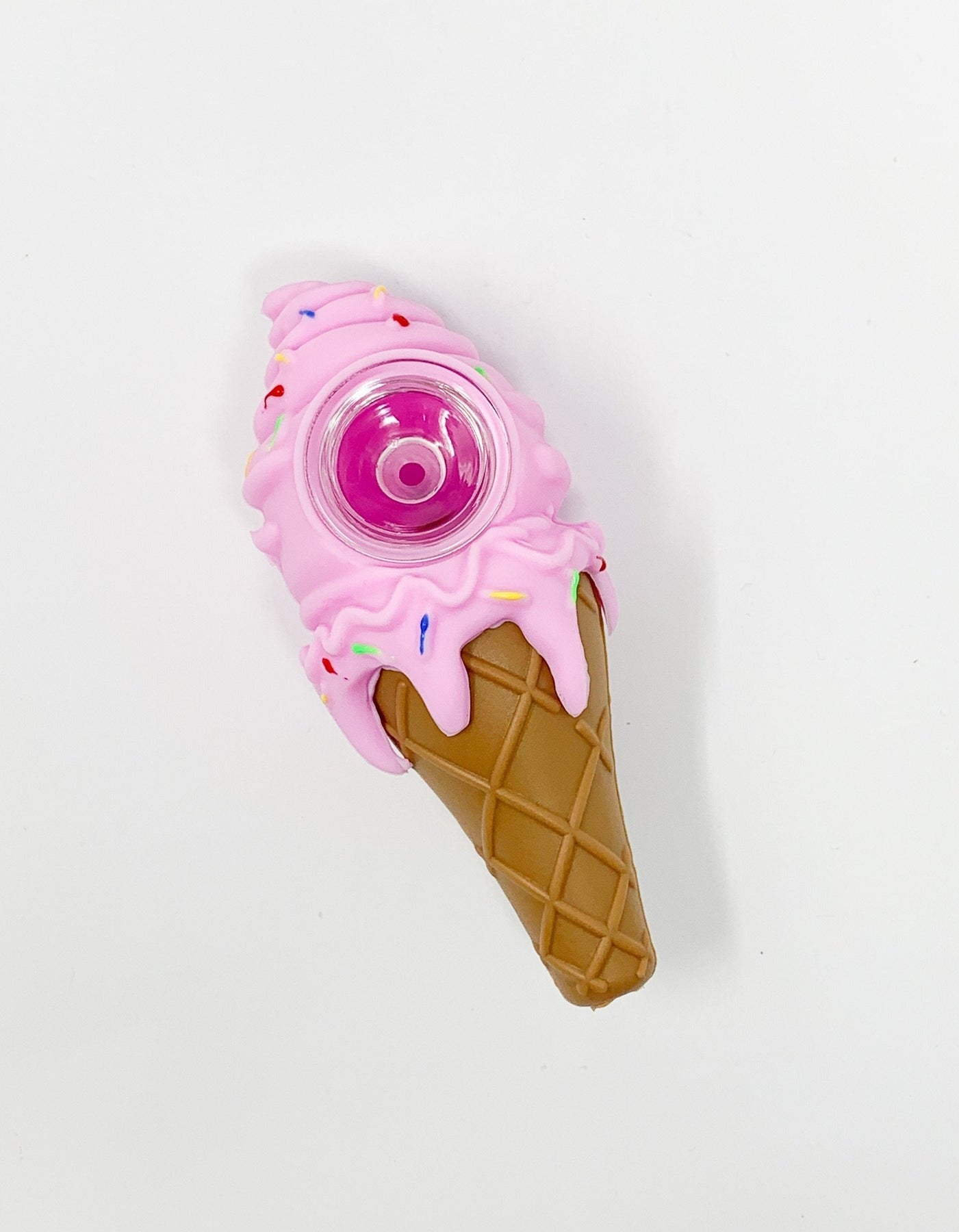 Pink silicone ice cream cone hand pipe with sprinkles