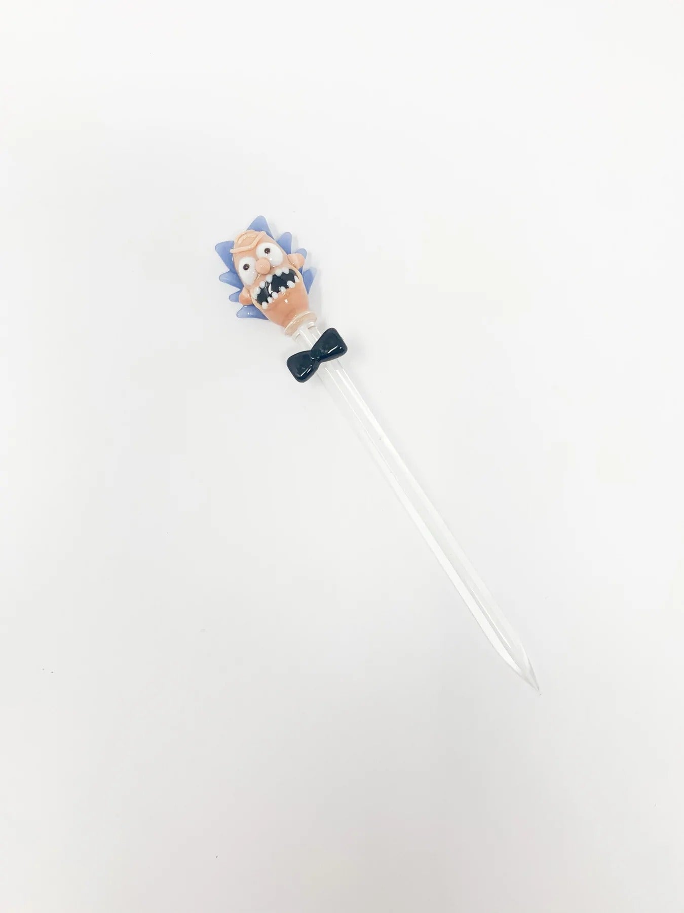 Rick Sanchez’s head at top of the glass dab tool on white background