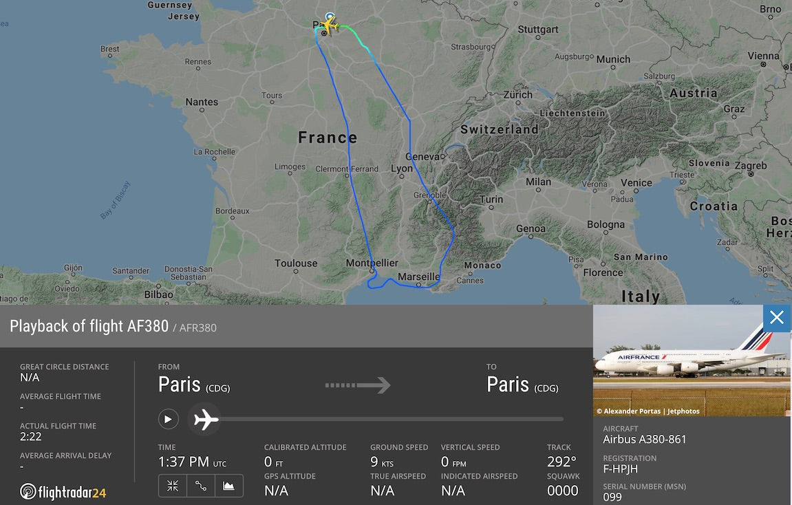 Air France A380 retirement flight AF380 above France