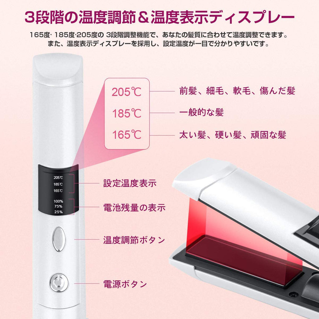 Keyniceヘアアイロン コードレス ヘアストレートアイロン 持ち運び便利 ポータブル Usb充電式 カール2way 3段階温度調節 男女 Keynice キーナイス 公式ストア