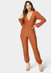 Sexy Elasticized Waistline Plunging Neck Long Sleeves Wrap Jumpsuit