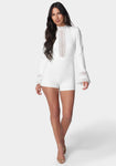 Mock Neck Plunging Neck Sheer Bell Sleeves Romper With Ruffles