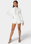 Bell Sleeves Mock Neck Plunging Neck Sheer Romper With Ruffles