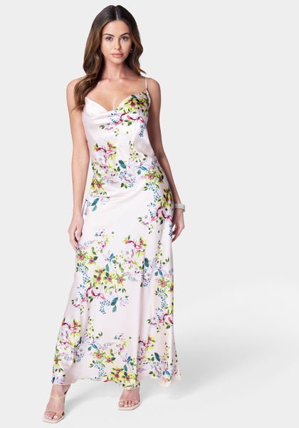 Sophisticated Polyester Cowl Neck Floral Print Party Dress/Maxi Dress