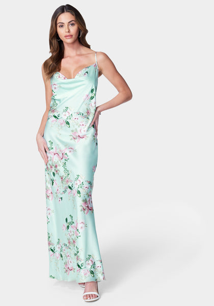 Floral Print Polyester Cowl Neck Maxi Dress